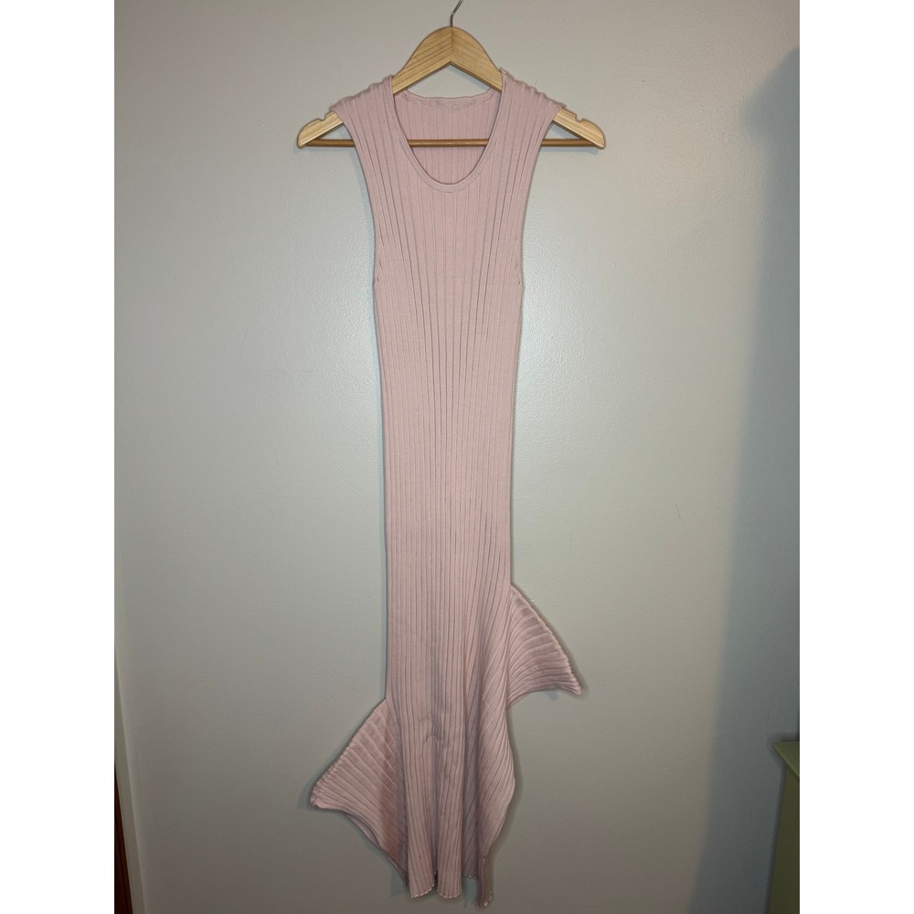 Stella McCartney Pink Ribbed Cotton Asymmetric Ruffle Hem Midi Dress Size M